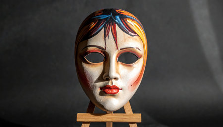 canvas painted doll mask on stand with low key side light and negative fill dramatic studio object art minimal mood for costume and theater concept visualsの素材