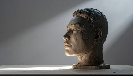 clay molded doll face in progress on clean plaster board with side raking light process studio detail for sculpture education craft tutorial and artisan workshop themesの素材