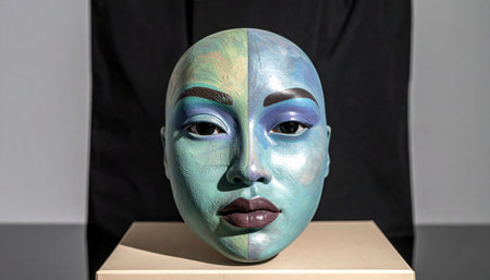 painted gesso doll face on a neutral stand with split light and muted palette clean studio object for sculpture craft portrait and subtle design textureの素材