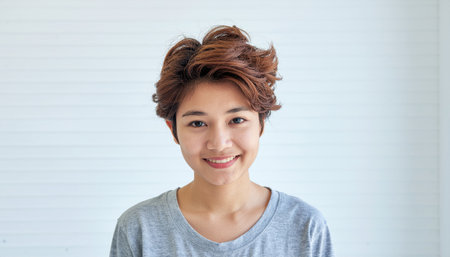 teenager with playful charm through a paper frame daylight bounce on tidy wall friendly portrait clean minimal look for cheerful social themesの素材