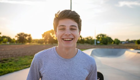 teenager laughing with unguarded joy at a skate park at dusk rim light on hair blurred ramps and open sky lively urban portraitの素材