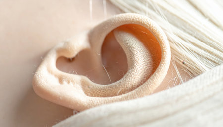 linen doll ear in extreme macro showing stitches and thread fibers clean studio closeup for textile craft anatomy study and material texture referenceの素材