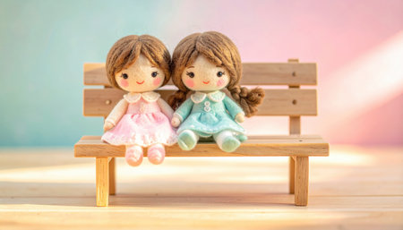 felt doll pair seated on a simple bench with pastel backdrop gentle vignette calm studio composition for friendship theme and cozy craft decorの素材