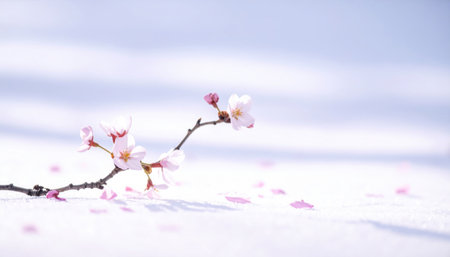 cherry blossom twig with a few petals fallen on white field gentle rim airy headline spaceの素材