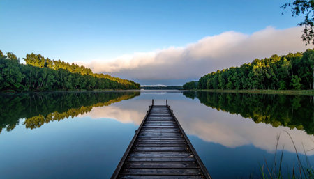 calm lake mirror with timber jetty to vanishing point soft cloud reflections tranquil open negative fieldの素材