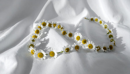 daisy chain loosely coiled on white linen soft overhead key relaxed spacing minimal natural stylingの素材