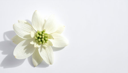 dogwood bract cluster on matte white central detail with light shadow ring minimal balanced layoutの素材