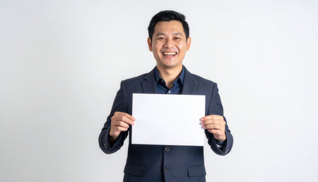 fictional adult holding blank sheet laughing with shoulders raised clean cyclorama space and bright toneの素材