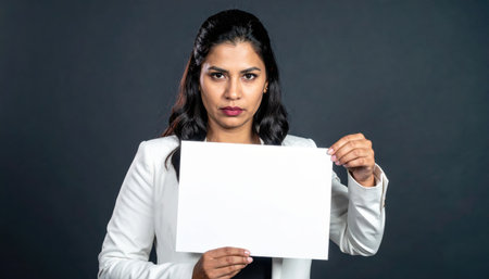 fictional adult holding blank sheet delivering a serious look low key contrast deep backdropの素材
