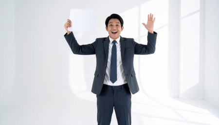 fictional adult holding blank sheet raising both hands in delighted disbelief bright studio and airy spaceの素材