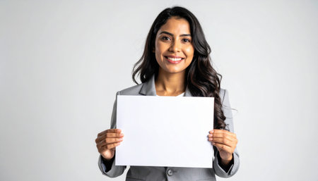 fictional adult holding blank sheet smiling kindly at camera neutral studio balance soft light and open copyの素材