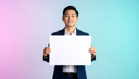 fictional adult holding blank sheet smiling softly with eyes closed pastel gradient background and serene toneの素材