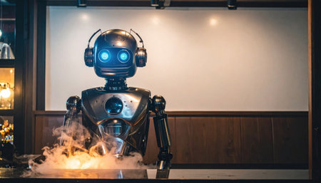 fictional cyberpunk barista robot at window counter warm vapor halo stainless details neutral wall for copy spaceの素材