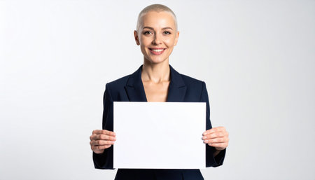 fictional adult holding blank sheet smiling with reassuring calm neutral studio balance soft rim and open fieldの素材