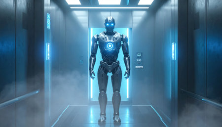 fictional cyberpunk elevator attendant robot in a freight lift fogging corners cool indicators centered poseの素材