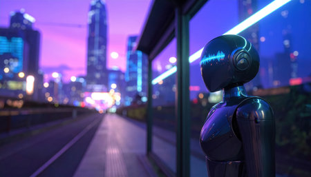 fictional cyberpunk transit guide robot near a tram windbreak glass noise across visor serene compositionの素材