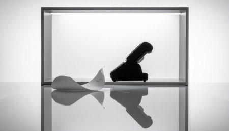 neutral pos terminal silhouette with receipt curling clean counter wide framing minimal retail tech sceneの素材