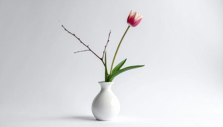 minimalist ikebana tulip and branch in plain white ceramic vase on seamless white refined studio floral with open copy spaceの素材
