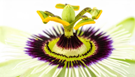passionflower face up on pure white intricate filaments sharp centered minimal studio botanicalの素材