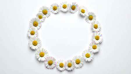 pressed daisy chain circle on white tidy balance minimal botanical layout with open copy areaの素材