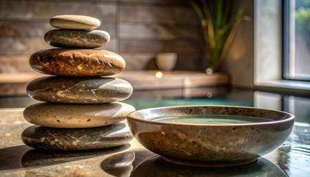 spa stone stack on matte travertine beside calm water bowl feathered rim light minimal zen balanceの素材