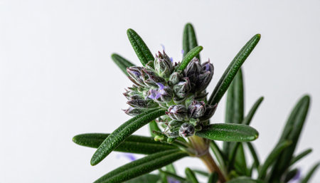 rosemary flowering sprig on matte white aromatic leaves and tiny blooms in focus minimal cleanの素材