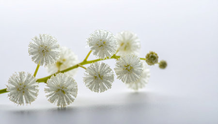 wattle blossom spray on pure white fine spheres delicate shade minimal botanical with open copy spaceの素材