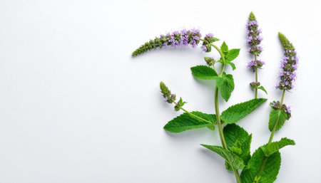 mint flowering stem flat lay on white board soft top light open margin minimal herb studyの素材