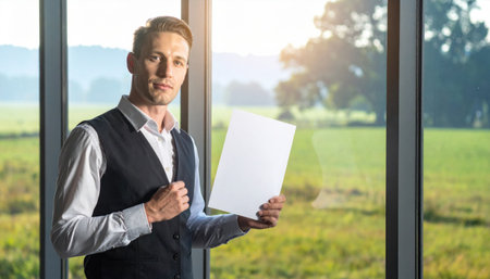 fictional adult holding blank sheet looking thoughtfully out a window soft gradation and open fieldの素材