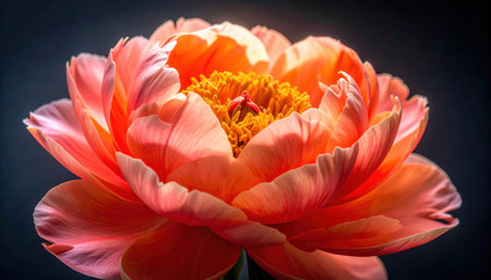 Close up of a coral peony with translucent backlit petals on a soft charcoal gradient showing crisp pollen detail and clean negative space for floral design and editorial projectsの素材