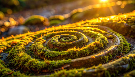 Macro of moss spiral patterns across iron streaked sandstone in golden raking light carving relief with restrained warm cool contrast and clean negative spaceの素材