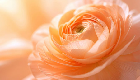 Close up of a peach ranunculus with silk like layered petals against a subtle warm gradient backdrop showing delicate texture and refined clarity with ample copy spaceの素材
