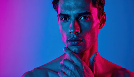 Medium shot of a fictional adult framed hand to collarbone with cyan key at forty five degrees and magenta bounce adding gentle glow for polished studio editorialsの素材