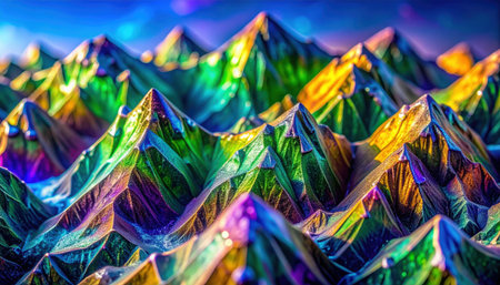 Macro with differential interference contrast shows ridge and valley hippuric acid platelets resembling a prismatic mountain range with iridescent greens and violetsの素材