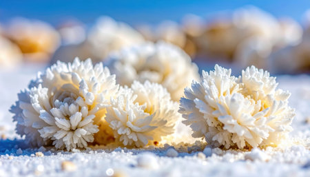 Macro of gypsum rosettes blooming across chalk white alkali crust with polarized glare control for a clean high key look and precise crystalline detailの素材