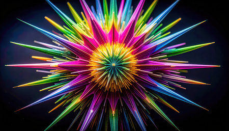 Macro of hippuric acid needles forming a hexaradial starburst with birefringent color from lime to fuchsia crisp core and velvety black surround for science and artの素材