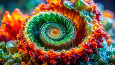 Macro of thermally recrystallized hippuric acid spiral bands transitioning from emerald to vermilion with subtle heat haze look and immaculate focus stackingの素材