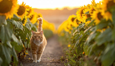 Ginger domestic cat walking a narrow path through a sunflower field at golden hour warm backlight soft bokeh and generous copy space for pet and farm storiesの素材