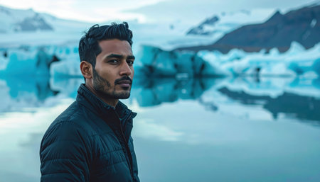 Fictional adult at a glacial lagoon with drifting icebergs mirror still water cool cyan reflections and a calm posture editorial travel mood with clean copy spaceの素材