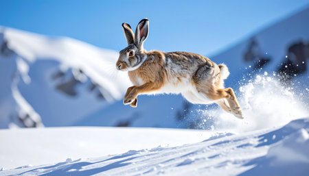 Mountain hare mid leap kicking up glittering powder frozen in crisp detail alpine slope behind dynamic winter wildlife moment with copy spaceの素材