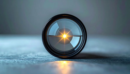 Thin convex lens on a neutral grey plane focusing a pinpoint of light with gentle glow falloff minimalist composition and immaculate clarity for clean layoutsの素材