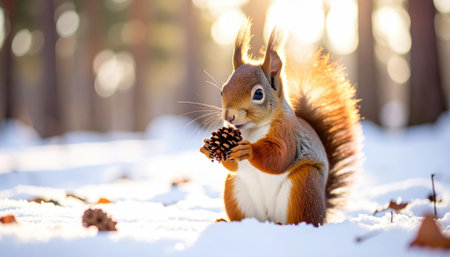 Red squirrel holds a tiny pine cone snow dusted whiskers glowing in low winter sun with rim lighting on ears forest floor softly blurred for nature storiesの素材
