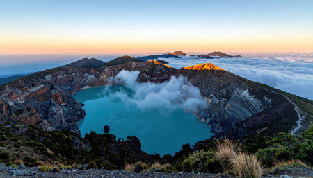 Volcanic caldera with a sapphire crater lake at dawn beneath a fog inversion rim light tracing the crater edge and mirror still water with serene copy space for travel and earth science visuals.の素材