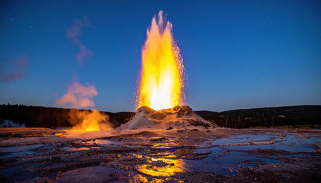 Sinter geyser cone erupts at blue hour with backlit steam plume glowing amber and cobalt star points emerging and wet mineral terraces shining with copy spaceの素材