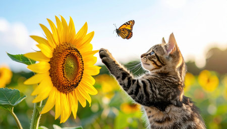 Playful kitten reaches a paw toward a butterfly hovering above a sunflower head bright countryside mood shallow depth and friendly copy space for pet themesの素材