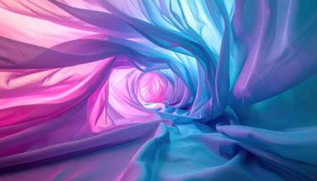 Crepe fabric tunneled by controlled airflow captured with a long exposure blend to smooth motion pastel gradient and velvety shadows with ample copy spaceの素材