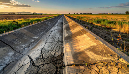 Empty concrete irrigation canal cutting through fields on cracked silt stark drought and water scarcity theme with clean perspective and ample copy spaceの素材