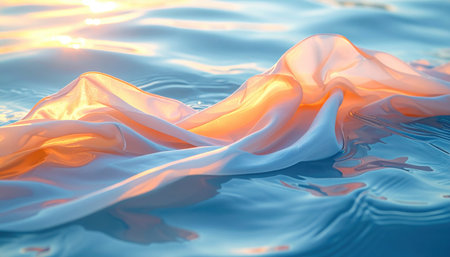 Silk fabric floats in a shallow water tank refracted light paints a smooth pastel gradient with delicate ripples clean studio concept and open copy spaceの素材