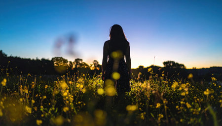 Woman silhouette in a meadow at blue hour with wildflower bokeh and faint fireflies gentle lens flare and balanced mid key palette with generous copy spaceの素材
