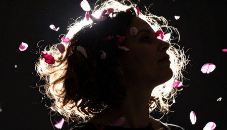 Woman silhouette on matte black with petals drifting frozen by strobe selective backlight forming a delicate floral halo dramatic studio mood with clean copy spaceの素材